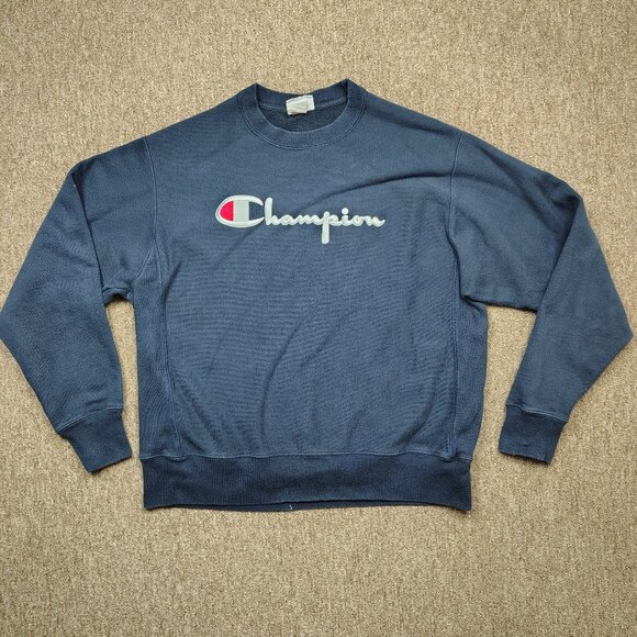 CHAMPION REVERSE WEAVE Sweatshirt Men's Large Blue Spellout Logo Crew Neck - Picture 1 of 9